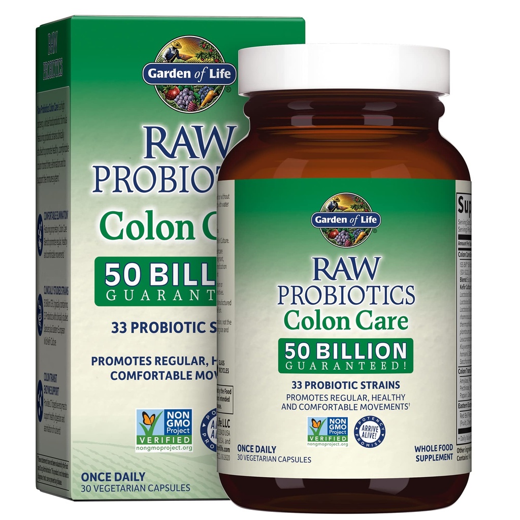Vrt življenja Probiotiki za ženske in moške - Surovi probiotiki Colon Care 50 milijard CFU in encimi, Surovi sadeži, Veggies, Enkrat dnevno Acidophilus Probiotic za regularnost in imuno zdravje - 30 kapsul