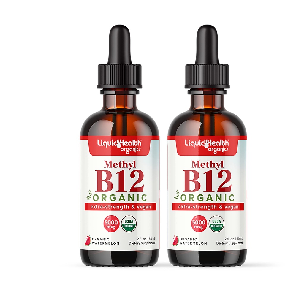 LIQUIDHEALTH USDA Ekološki metil vitamin B12 Metilkobalamin Tekoče kapljice s Tart Cherry Juice - Boost Energy, Imunska podpora, izboljšanje spomina in koncentracije - ZDA Made, Vegan, Non-GMO (2 paket)