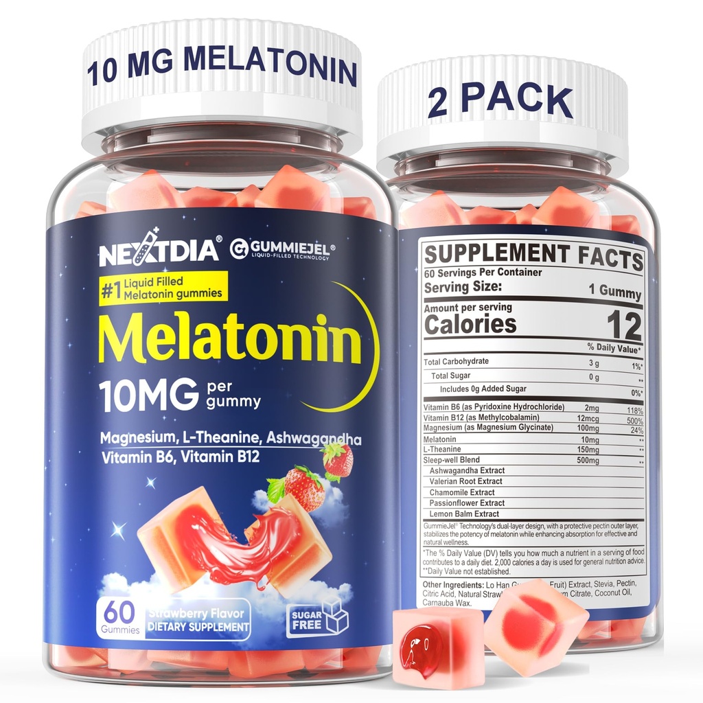 2 Pack Sugar Free Melatonin Gumies 10mg 20mg Magnezij Glicinat Melatonin za odrasle, Ashwagandha, L-Theanin, B6, B12, Lemon Balm in kamilica za globoko sprostitev, Antioksidant, Vegan,120 dan
