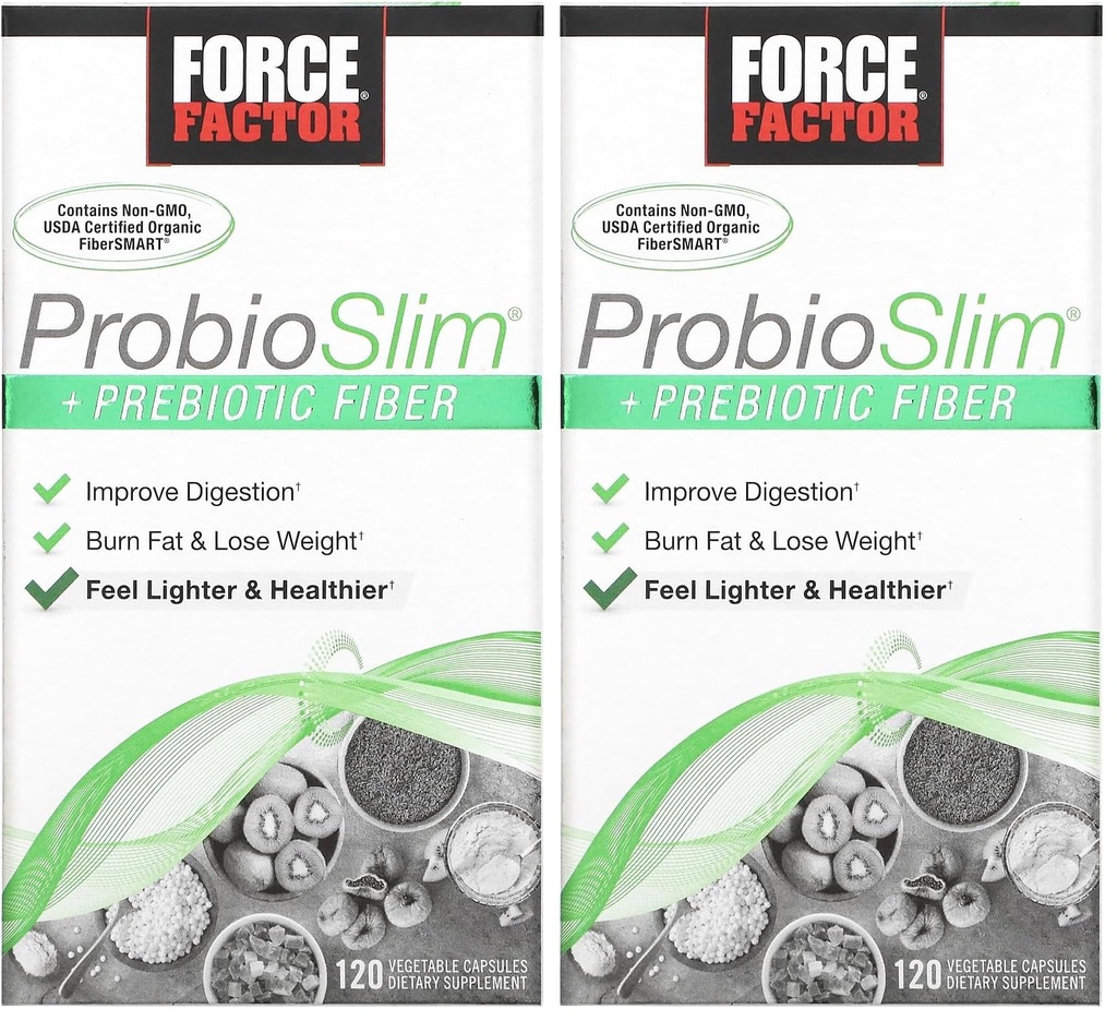 Force Factor ProbioSlim + Prebiotic Fiber hujšanje dodatek za ženske in moške, Probiotik in Prebiotic Digestive Health Podpora z izvleček zelenega čaja in Psyllium Husk Fiber, 120 Kapsule