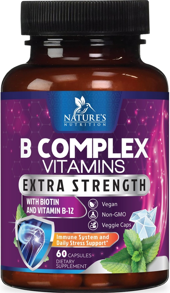 B kompleksni vitamini Kapsule - z vitaminom B12 B6 B100 C Biotin Folat in folna kislina - dopolnilo za srce, možgane, in živec podporo - Super popoln B-kompleks za imuno in energetsko podporo - 60 kapsul