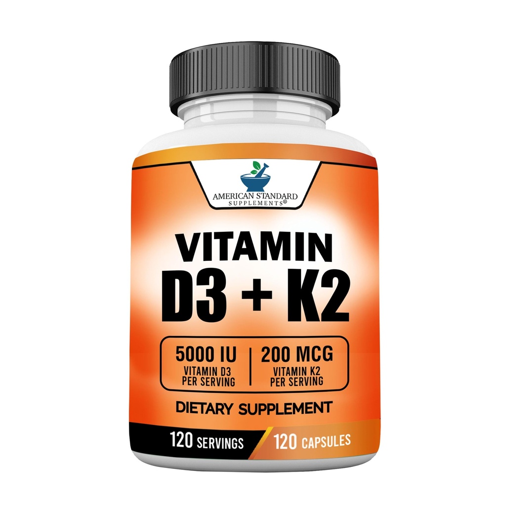 Ameriški standardni dodatki Vitamin D3 5000 i.e. (125mcg) Plus Vitamin K2 (MK7) 200 mcg na kapsulo - brez glutena, brez GMO, 120 kapsul, 120 serviranja, 120 dnevna zaloga