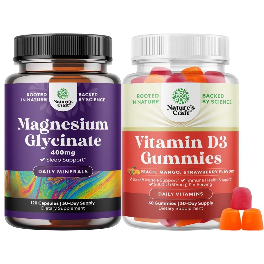Sveženj čistega magnezija Glycinate 400mg na služijo za Mood spanje in sprostitev in vitamin D3 Gummies za dnevno Wellness ali kostne mišice in imunske podpore