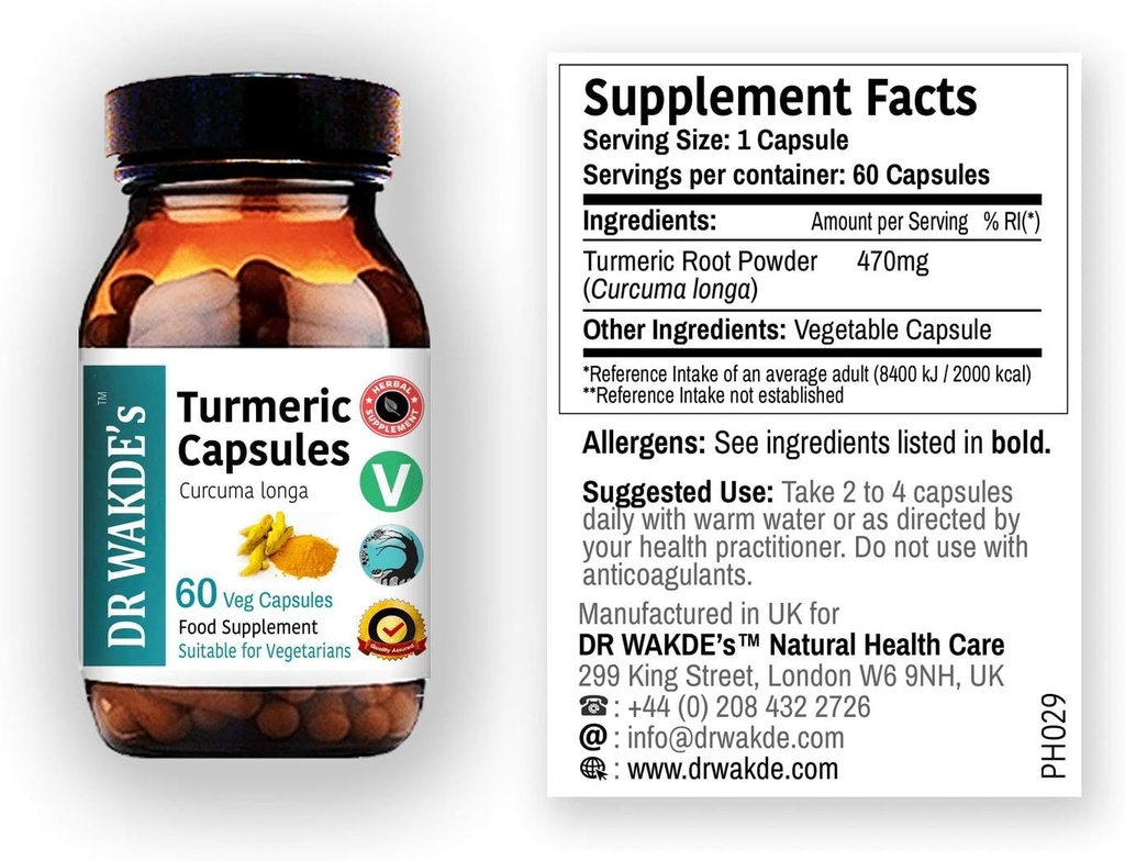 Kapsule DR WAKDE (Curcuma Longa, 60 Veg caps, rastlinsko-bazen dodatek, Ayurvedic Herb, All Natural, Vegan)