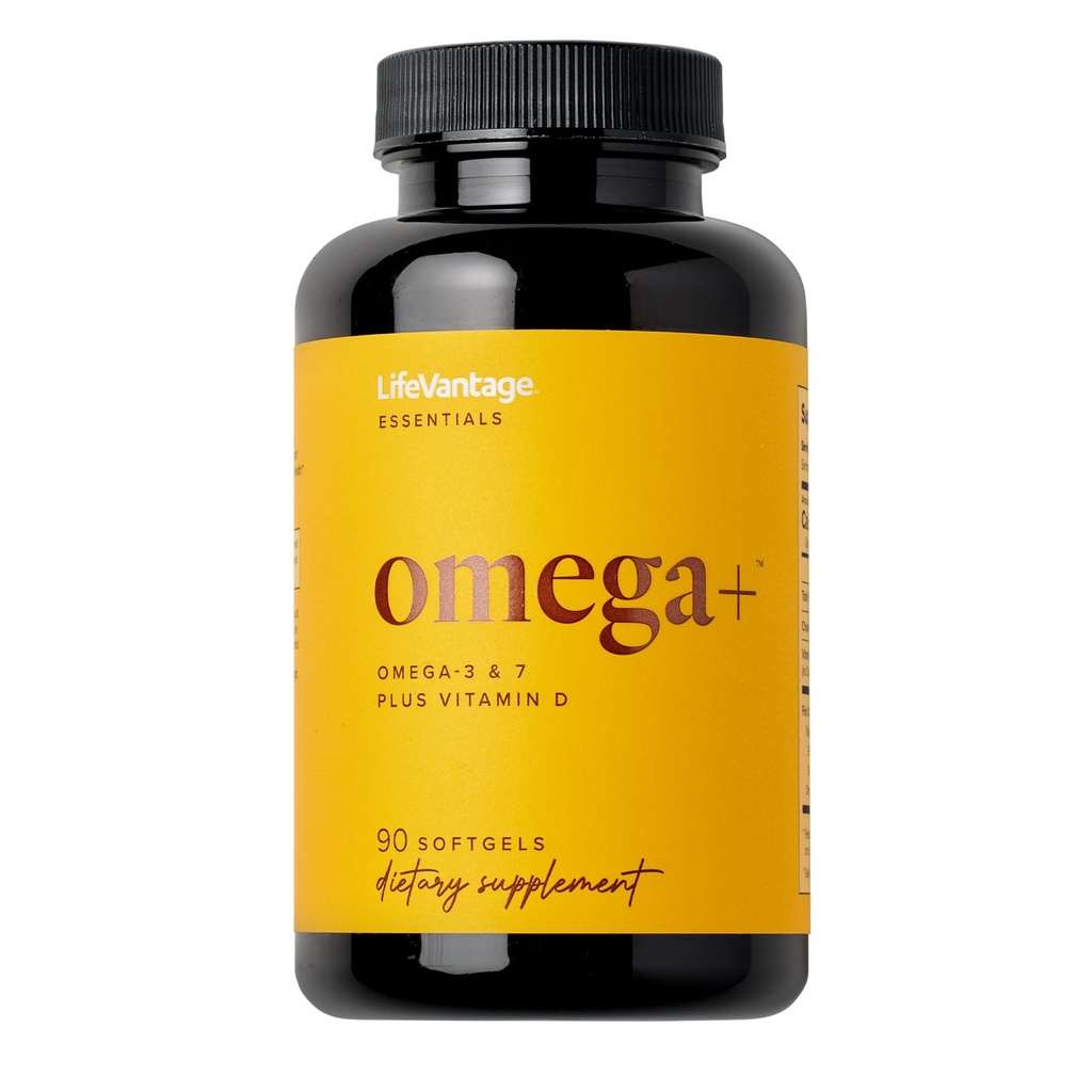 LifeVantage - Omega+ - dodatek 3-v-1 mešanica omega-3 & 7, vitamin D in za možgane, kardiovaskularno, kožno zdravje in imuniteto - 90 Softgels