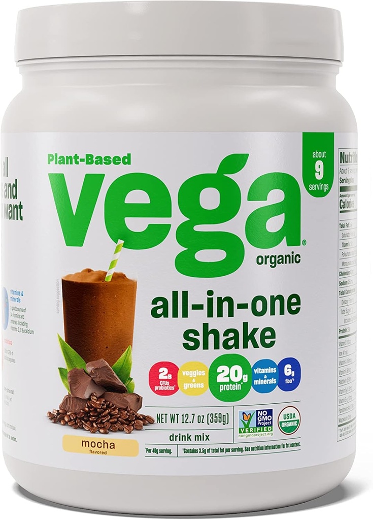 Vega Organic All-in-One Vegan Protein Powder Mocha (9 Serving) Superfood sestavine, Vitamini za podporo imunitete, Keto prijazno, Pea Beljakovine za ženske in moške, 12.7oz (Packaging May Vary)