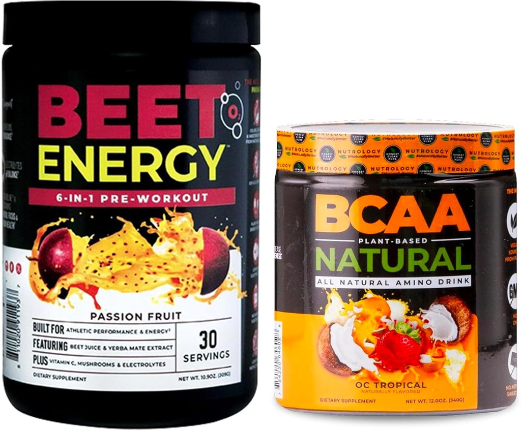 Nutrologija Beet Natural O2, Pred treningom Powder, Passion Fruit Flavor (30 strežnikov) BCAA Natural, Rastlinski BCAA Powder, Orange Coconut Flavor (30 serviranja)