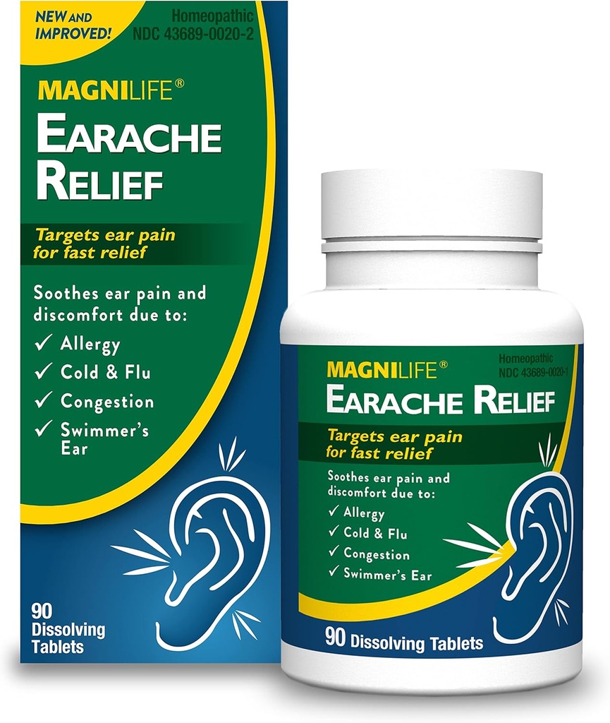 MagniLife Earache Relief, hitro delujoče naravno olajšanje za plavalce uho, bolečine in nelagodje od alergije, hladno in gripo - 90 hitro raztopi tablete