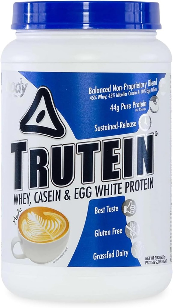 Body Nutrition Trutein Visoke beljakovine v prahu: 45% Whey, 45% Kazein, 10% Jajca bela, Gluten-free, nizko natrij, Grass Fed Whey Protein Powder, Gym Supplement & Breakfast Shake, Mocha, 2lb