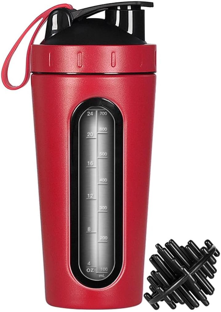 Steklenica za stresanje beljakovin, Nerjaveče jeklo Shaker Cup, Šport Mešalnik steklenica vode, Vidno okno, Puh dokaz, Ne BPA z mešanjem žogo za fitnes fitnes, 28 Ounce, Red