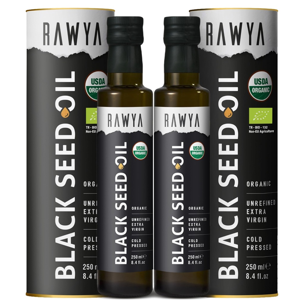 RAWYA črno olje semena - organsko hladno stisnjena Nigella Sativa - turško poreklo - USDA organsko - naravni dodatek - črno olje semena kumina - bogata aroma & visoka koncentracija - 250ml steklenica - 2 pakiranje