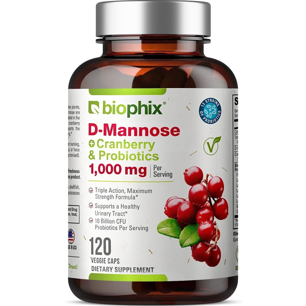 biophix D-mannose 1000mg Kapsule z brusnice in probiotiki - D Mannoze dopolnila za ženske - D-mannoze tablete za sečni trakt in mehur Health Support - Prebavni Well-Being - 120 Vcaps