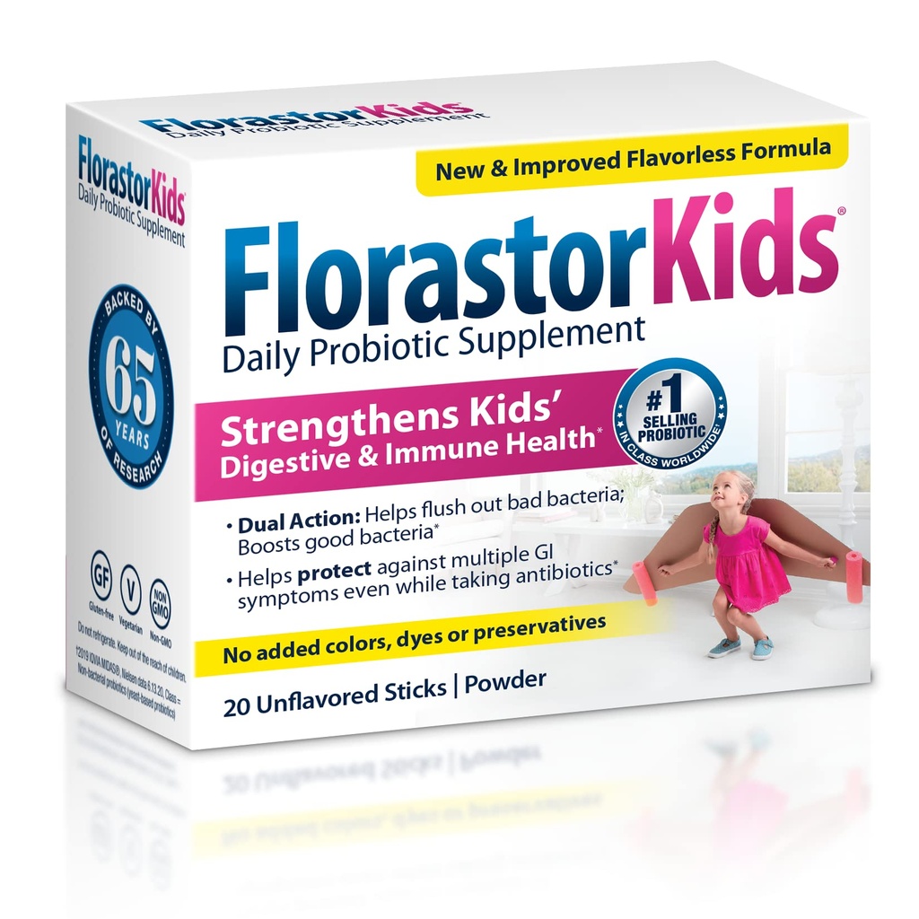 Florastor Kids Daily Probiotic Supplement, Unflavored Powder Mešanice s hrano ali pijače, Uporaba z antibiotiki, Saccharomyces Boulardii CNCM I-745 (20 Vrečke), Pakiranje 2