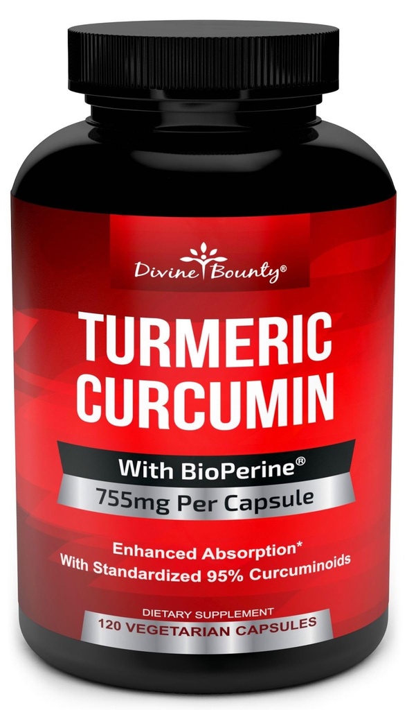 Kurkumin z izvlečekom črne paprike BioPerin - 755 mg na kapsulo, 120 Veg. Kapsule - Tumeri brez GSO, standardizirani na 95% Curcuminoidi za največjo moč