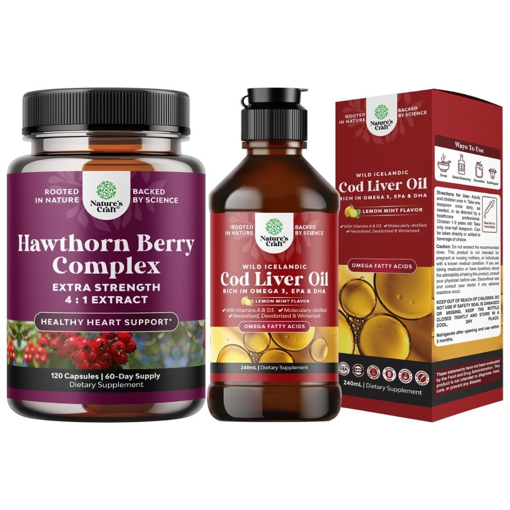 Sveženj dodatne moči Hawthorn Berry kapsule Hawthorn Extract Prebava in zdravje srca dopolnilo in islandska trska Jetrno olje Tekoči divji ujet Nordic Omega 3 ribje olje tekoče za odrasle in Kid