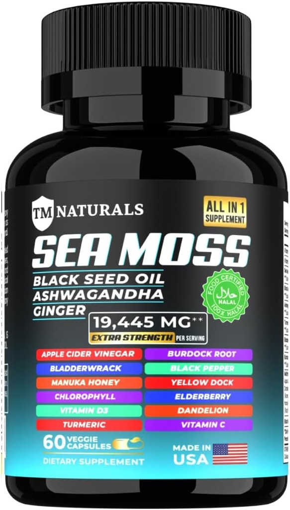 Morski moss s črnim oljem, vitaminom C, Ashwagandha in kurkurjem za imuno podporo in energijo - 60 veganskih kapsul + brezplačna škatla tablet