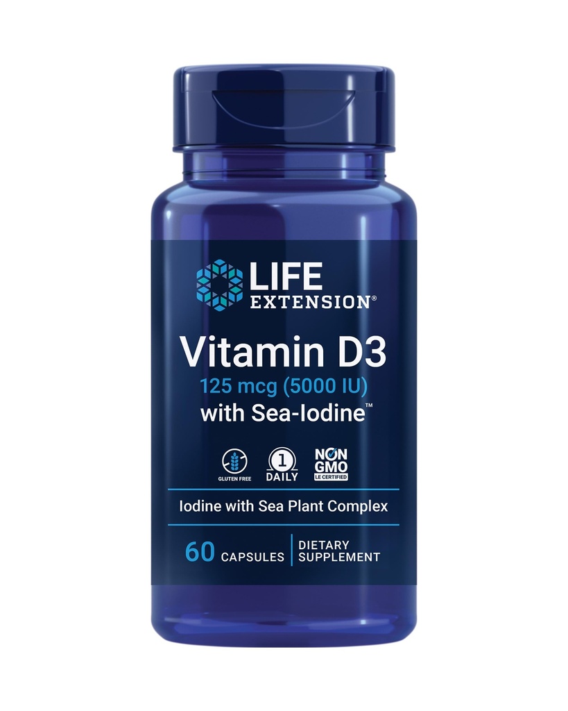 Vitamin D3 za podaljšanje življenja z zdravilom Sea-IodineTM, 125 μg (5000 i. e.) – Imunska podpora, zdravje kosti, zdravje ščitnice – 1 dnevno, brez glutena, brez GMO – 60 kapsul