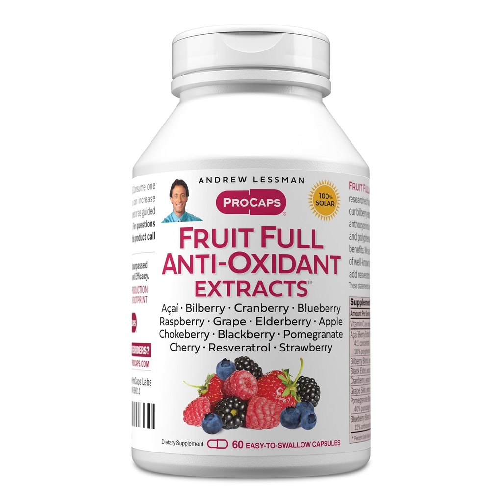 ANDREW LESSMAN Fruit Full Anti-Oxidant Izvlečki 60 Kapsule - 14 Naravni sadeži in izvlečki jagod. Brusnice, brusnice, grozdno seme, Granatno jabolko, Resveratrol in še več. Kapsule zlahka pogoltnete