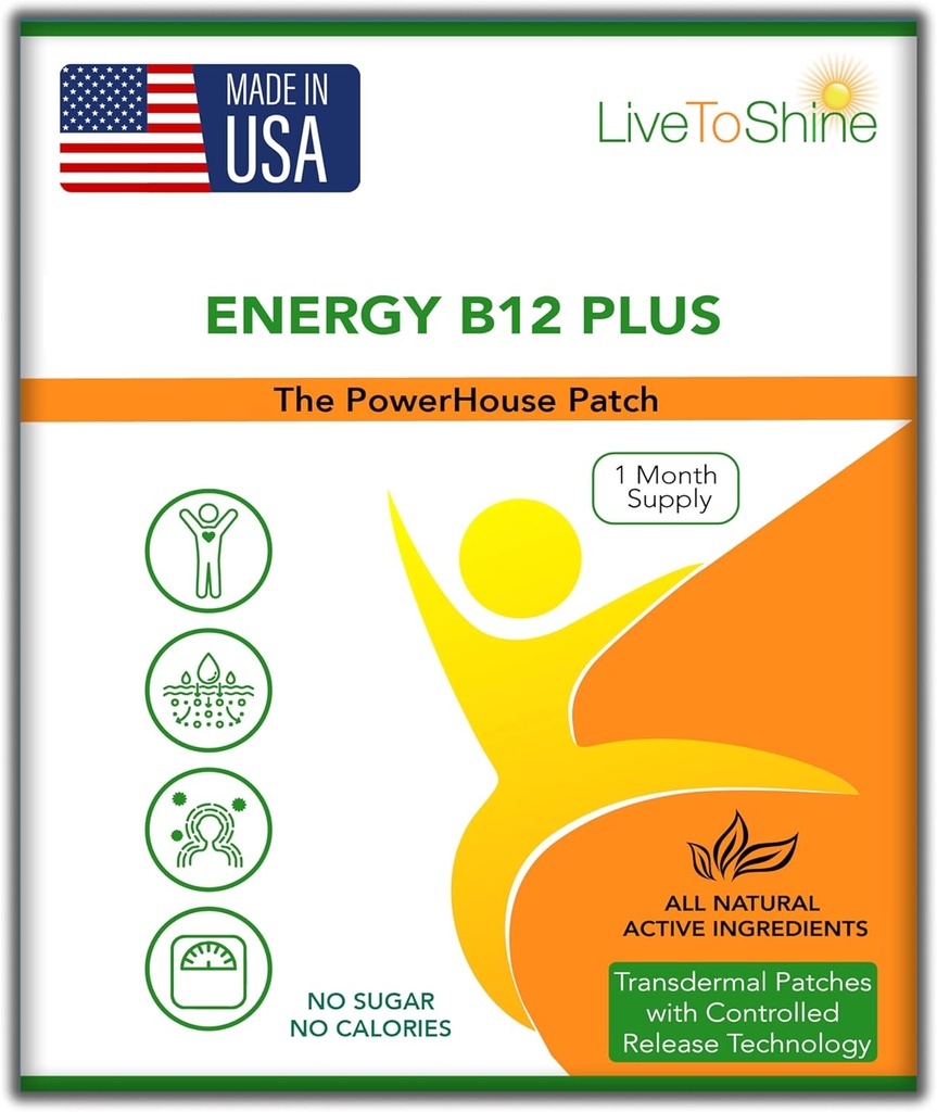 Live To Shine B12 Energy Plus Topical Patch - Energija in fokus Podpora za ženske in moške - 30-dnevna dobava - ZDA Made