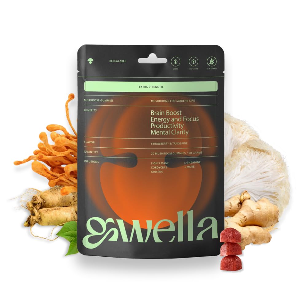 Gwella Focus Gummies z levjo grivo, Panax ginseng, ingver root, Cordyceps, SAM-e in Nootropics, Energy and Focus Supplement, Vegan, Strawberry Tangerine (20 Count - Pack po 1)