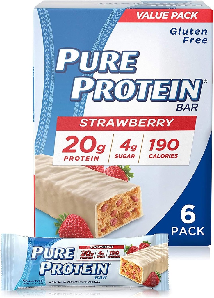 Čiste beljakovinske čokoladice, visoke beljakovine, hranilni prigrizki za podporo energije, nizek sladkor, brez glutena, jagodni grški jogurt, 1,76oz, 6 pakiranje