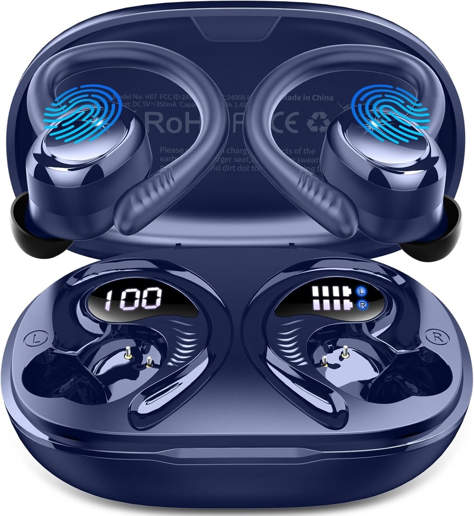 Brezžične slušalke Sport, 2025 Bluetooth 5.4 Slušalke z ušesnimi slušalkami, 50H Stereo Deep Bass Over Ušesni Buds s 4 ENC Hrup Prekliči mikrofone, IP7 Vodoodporne slušalke za Tekanje telovadba Gym -Modra