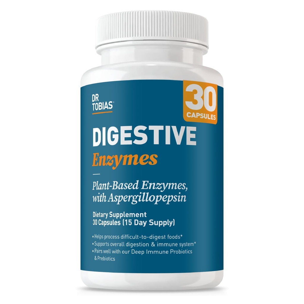 Dr. Tobias Digestive Enzymes z Amylase, Bromelain, Lipaza, Laktaza, Protease, Papain & More, Prebavni dodatek z 18 Encimi za prebavo in Gut Health, 30 Kapsule, 15 Servinges