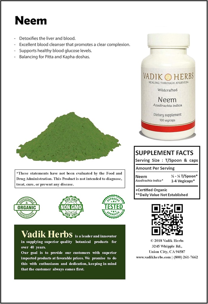 Certified Organic Vadik Herbs Neem (Azadirachta Indica) Prašek 1lb. Pack 