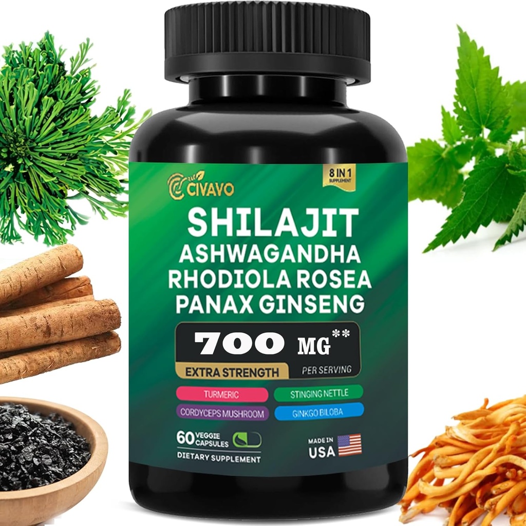 Shilajit Pure Himalaan 9000MG, Ashwagandha 2000MG, Rhodiola Rosea 1000MG, Panax Ginseng 1500MG, Turmeric 500MG, Gingko Biloba 500MG, Stinging Nettle 250MG, Cordyceps Gobe 500MG