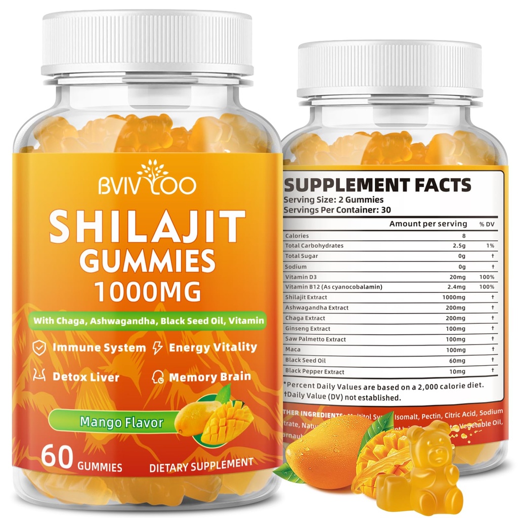 Shilajit Gumies 1000mg Brez sladkorja - Shilajit dodatek za moške in ženske - visoko v 85+ Trace Minerali & Fulvic Acid - energija, možgani, imuniteta - 60 Gummies