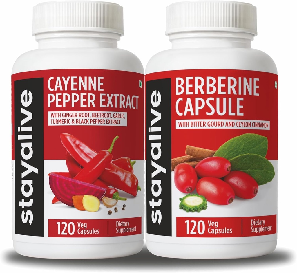 STAY ALIVE Cayenne in Berberine Bundle s Ceylon Cintamon in Bitter Gourd Extract, 240 Veganske tablete, Non-GMO & Gluten Free Berberine Cayenne Pepper dodatek