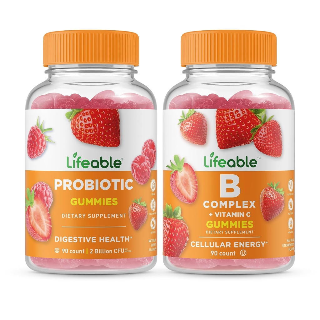 Življenjski probiotik 2 milijarda CFU + B kompleks, Gummies Bundle - odličen okus, Vitamin dodatek, Gluten brezplačno, GSO brezplačno, Žvečljivi gumi