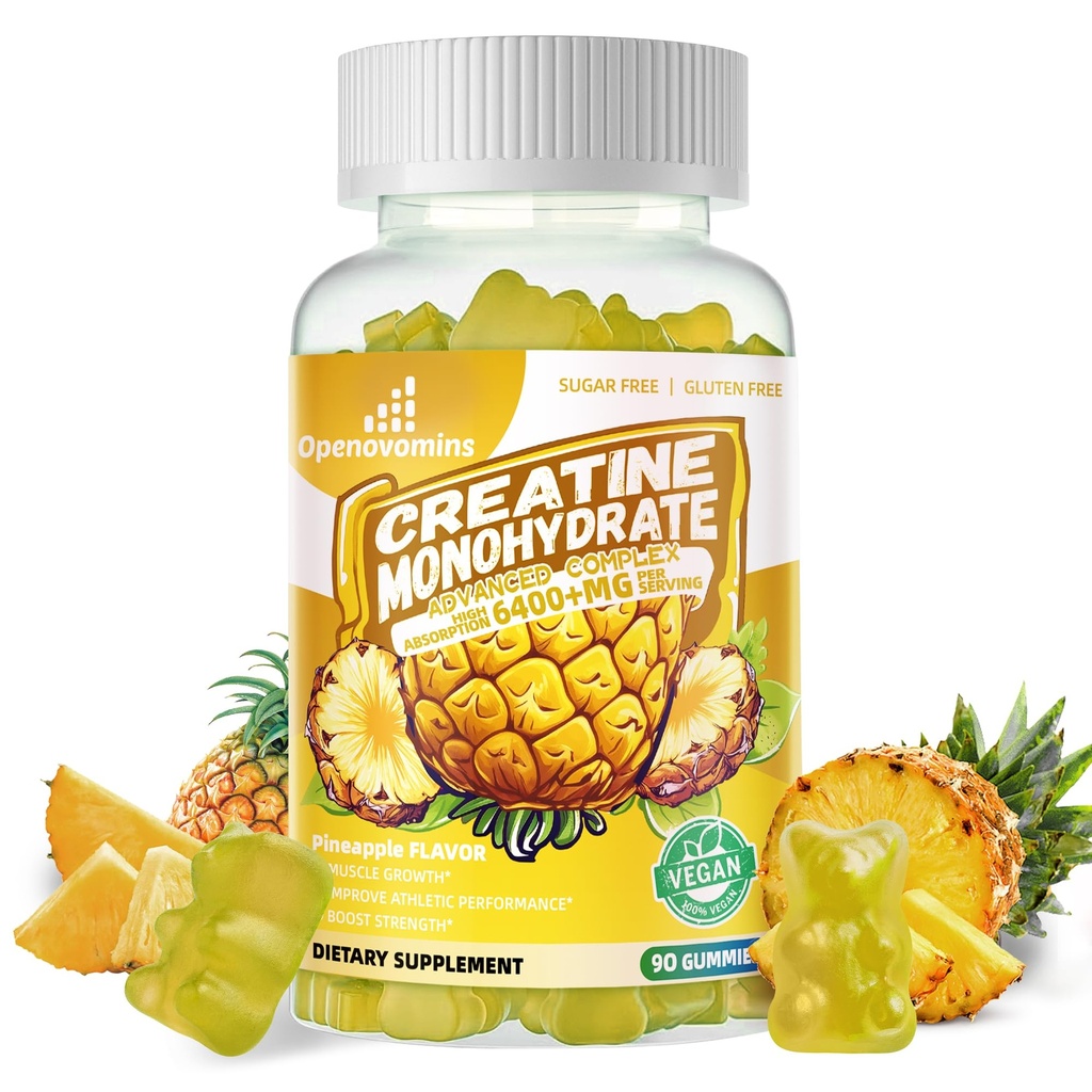 Kreatin Monohidrat Gumies Complex za moške in ženske -Napredna Formula W/L-Taurine + Vitamin B12, Sugar Brez žvečljivi dodatek,90 Ananas Gumies