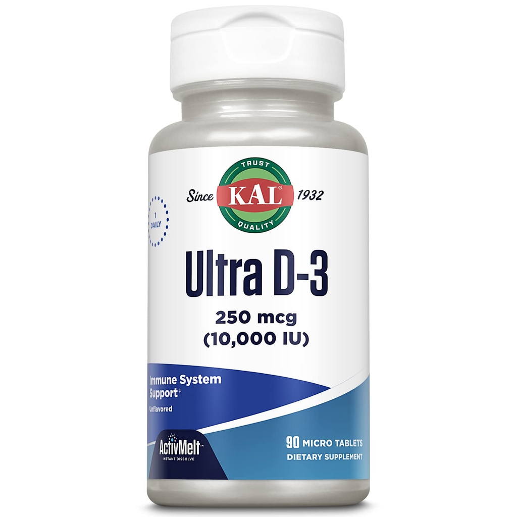 KAL Ultra Vitamin D3 250 mcg (10000 i.e.), vitamini visoke jakosti D, kalcijeva absorpcija, zdravje kosti in imunski dodatek, takojšnje raztapljanje, nearomatizirano zdraviloMelt, 90 serviranja, 90 mikro tablet