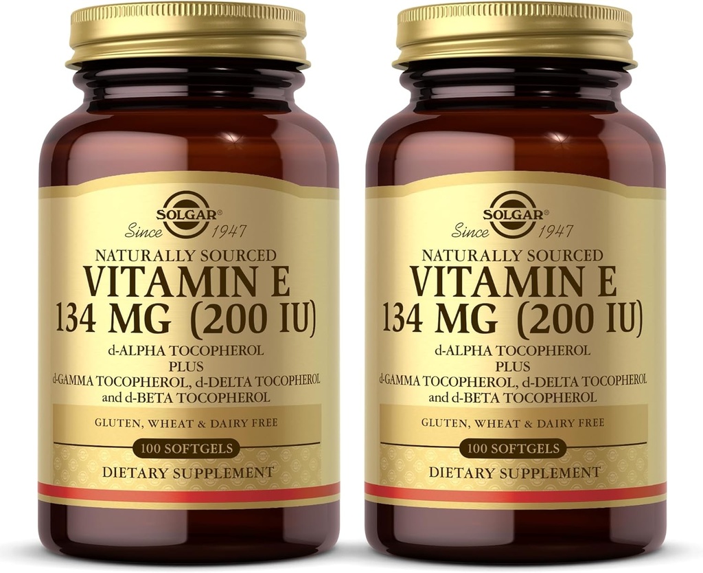 SOLGAR Vitamin E 200 i.e. - 100 Softgels, pakiranje po 2 - Naravni antioksidant, Imunski sistem podpora - Gluten Free, Mlečni brez - 200 skupno serviranje