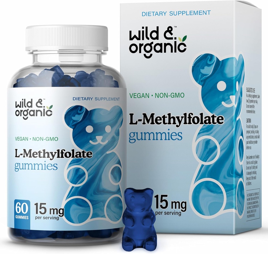 Wild & Organic L-metilfolat 15mg Gumies - Mood & Brain Support - Folate 5-MTHF dodatek za možgane, fokus, Clarity - Folat dodatek w/vitamin B9-60 Non-GMO L Metilfolate Gumies