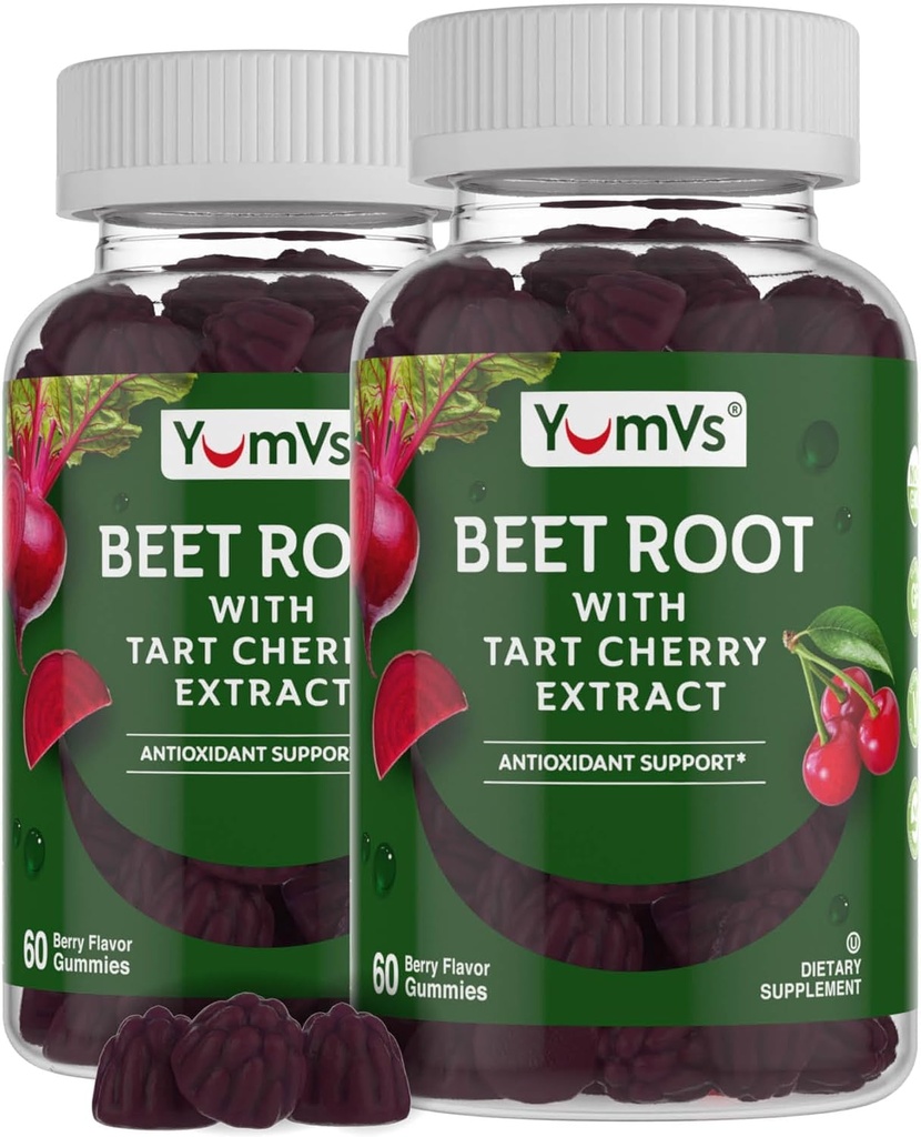 YUM-V's Beet Root Gummies z izvlečkom češnjeve pite - Berry Flavor Beettroot Gummies - Beet Chews za krvni obtok in antioksidant podporo - Red Beets Gummies Berry 60 Število (Pack of 2)