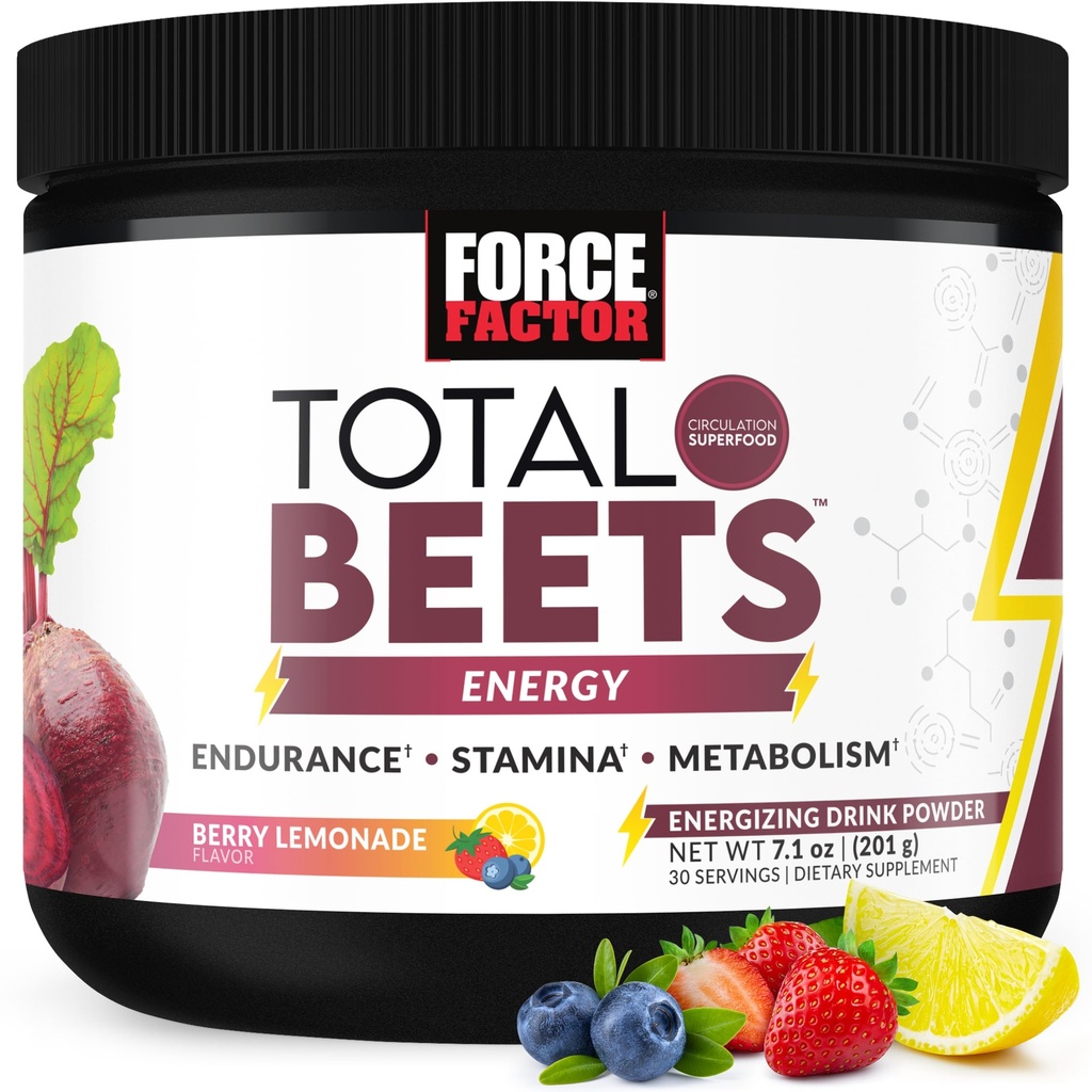 FORCE FACTOR Total Beets Pese Root Powder z energijo, NO3-T® nitrati za podporo cirkulacijo, krvni tlak, pretok krvi, in Stamina - Plus izvleček zelenega čaja. Superživilski dodatek, 30 postrežb