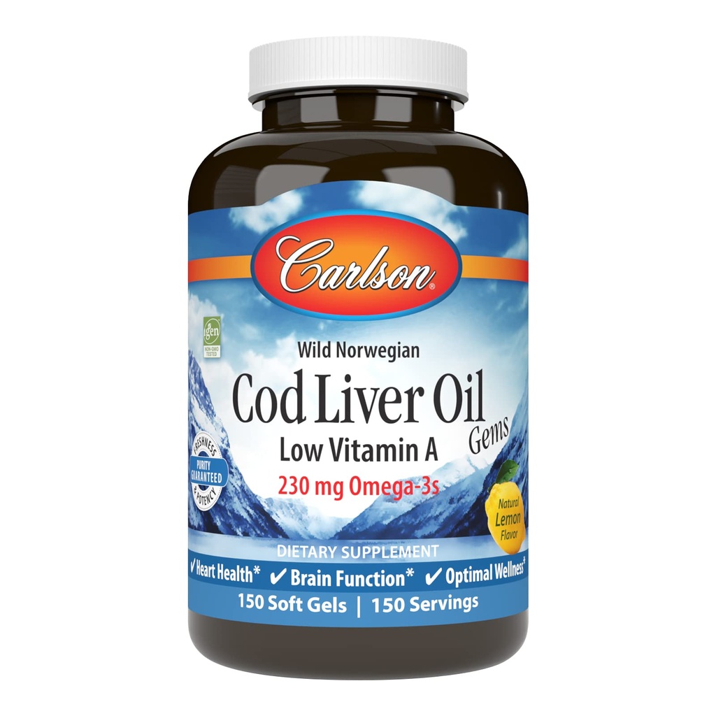 Carlson - Cod Jetra Oil Gems, Nizki vitamin A, 230 mg Omega-3s, Norvežan, Wild Ujeti, Trajno vir, 150 Softgels