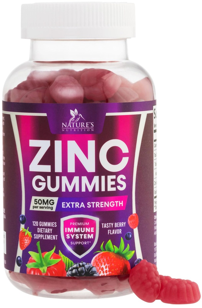 Cink Gumies 50mg - Kost Koža in Imunska podpora Zdravje Gummy & Premium Antioksidant Žvečljiv za odrasle - Visoka absorpcija Vegan, Gluten Brez cinka dopolnila Vitamin - Okusna Berry aroma - 120 Gumies