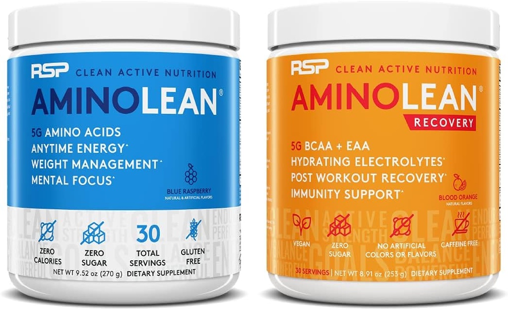 RSP NUTRITION AminoLean Pre Workout Energija (Blue Raspberry 30 Servings) z AminoLean Recovery Post Workout Boost (Krvava pomaranča 30 Serving)