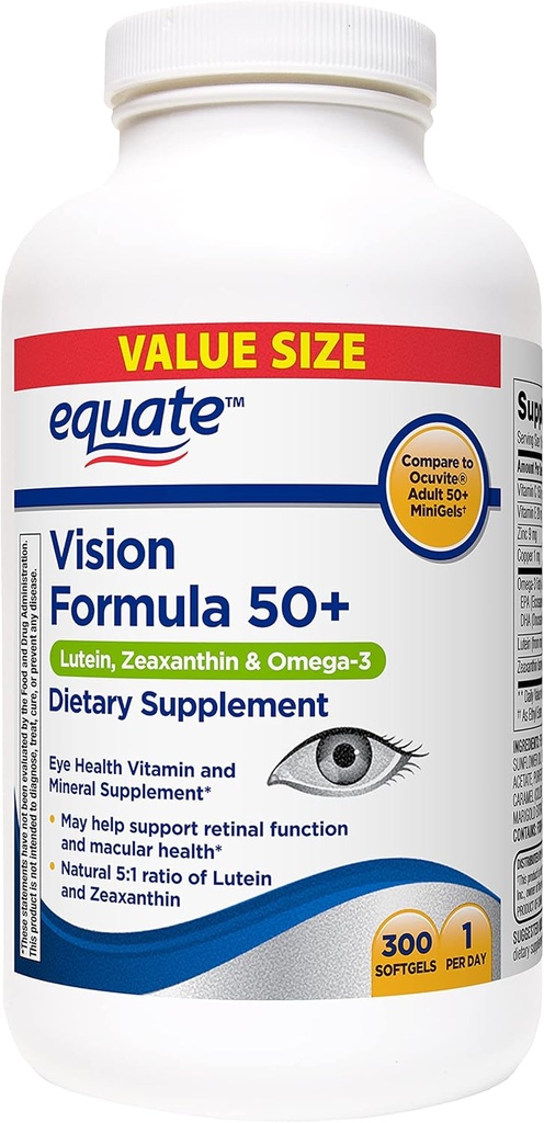 Equate Vision Formula 50+ Lutein, Zeaksantin & Omega-3, 300 Softgels