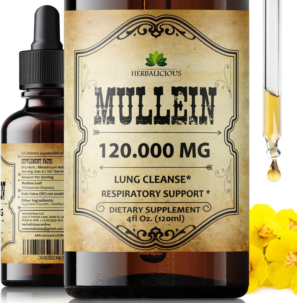 HERBALICIOUS Mullein kapljice za pljuča – organsko čiščenje pljuč dodatek z Mullein Leaf Extract (Verbascum Thapsus) – Vegan, Non-GMO Liquid Formula – 4 Fl Oz