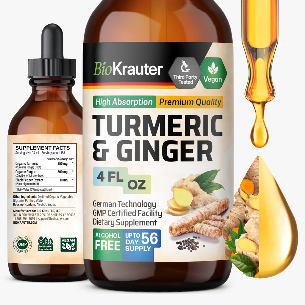 BIO KRAUTER® Kurkuma in ingver dodatek - Čista veganska tekoča kurkuma & ingver Tinktura s poprom 4 Fl.Oz 56 dni dobave - kurkumin kapljice za skupno podporo, antioksidant in imunske podpore