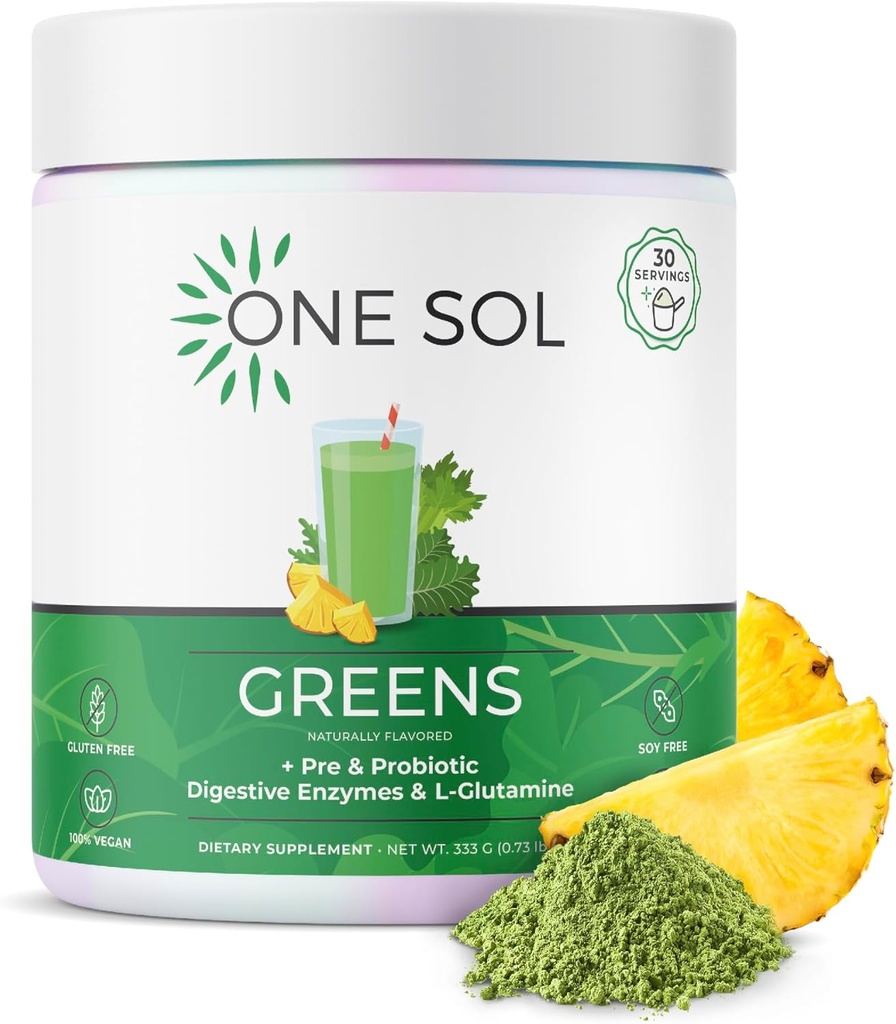 One Sol Greens, Super Greens Powder za zmanjšanje napihnjenosti in izboljšanje Gut Health, Superfood Fresh Bloom Organic Greens Mešanica sok & Smoothie Mix, Pre & Probiotic z digestivnimi encimi, Vegan & Soy Free