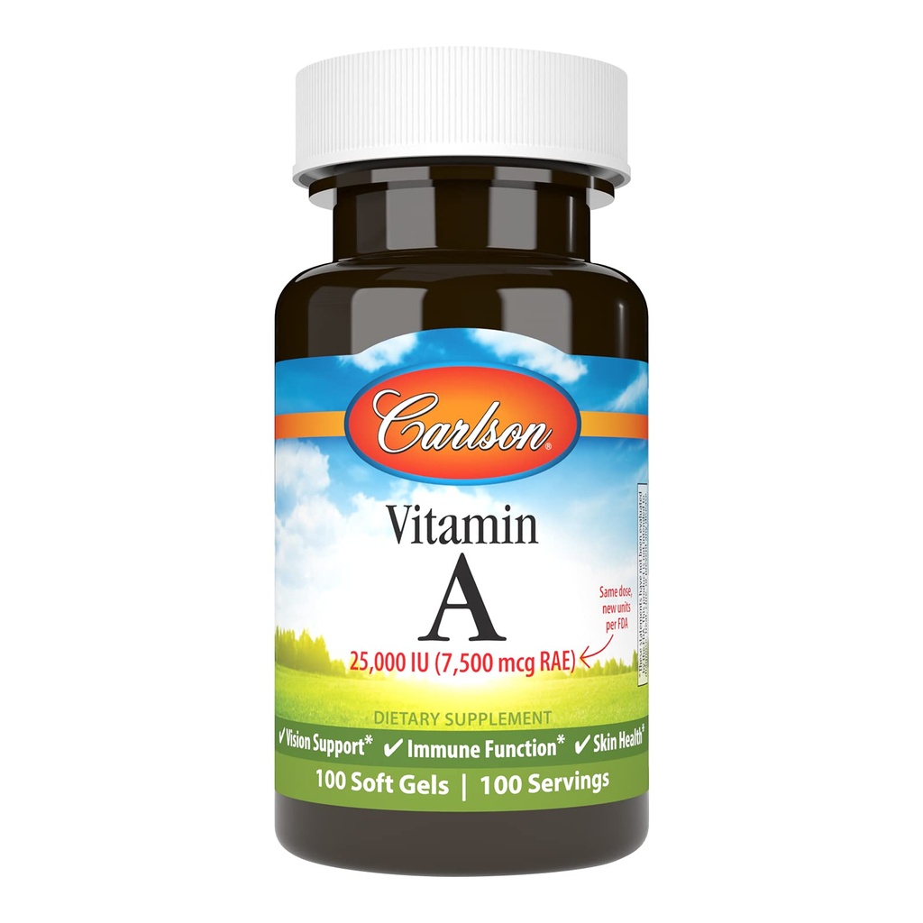 Carlson - vitamin A, 25000 i.e. (7500 μg RAE), vid in zdravje kože, imunske funkcije, 100 mehkih gelov