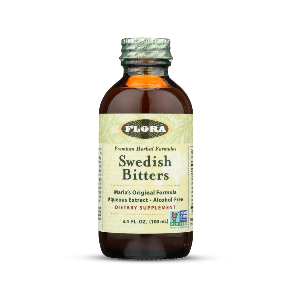 Flora - Švedski Bitters for Digestion, Alkohol-free Bitters pomoč Bloating & Digestion, Maria's Original Formula Aqueous Extract, Vegan, Kosher, Non GSO, 3.4-fl. oz. Steklenica