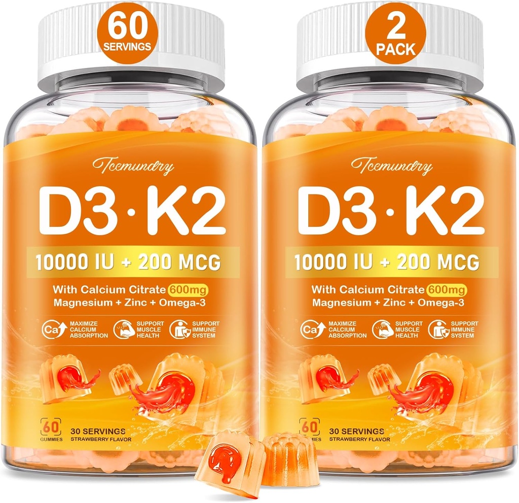 Vitamin D3 K2 5000 i.e. / 10000 i.e. Gumiji za odrasle - K2 D3 Vitamin dodatek s 600 mg kalcija, K2 (MK-7) 200mcg, magnezij, cink, omega-3 - podpira kalcijevo absorpcijo in imuno zdravje