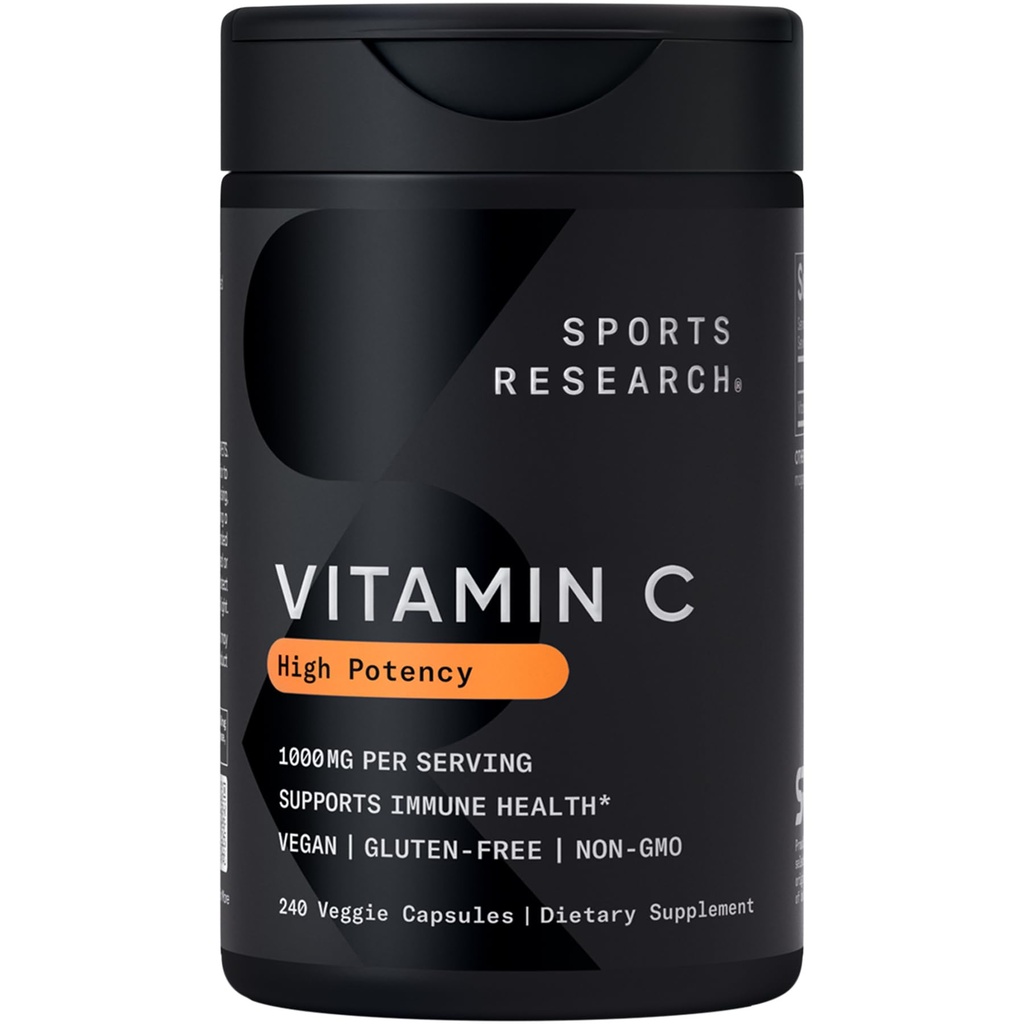 Sports Research High Potency Vitamin C dodatek - Veggie kapsule za antioksidantno delovanje in imunske podpore - Non-GMO Preverjeni & Gluten Free - Askorbinska kislina Vitamin C 1000mg, 240 Število