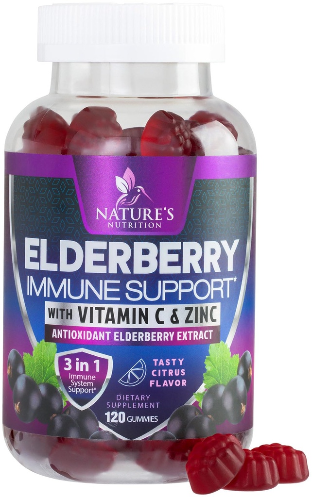 Imunska podpora Gumies z Elderberry Extract - Sambucus Elderberry Gummy z cinkom in vitaminom C, naravni veganski imunski dodatek za odrasle in otroke, Gummy starejši jagodni vitamini - 120 Gumies